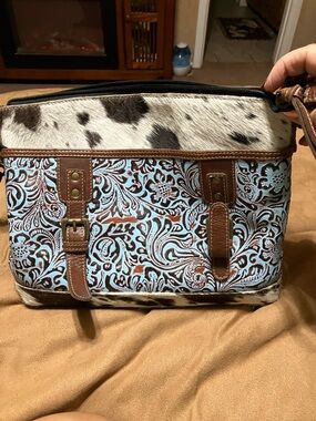 Myra Bag Light Blue Floral Tooled Satchel with Brown & Cowhide Accents